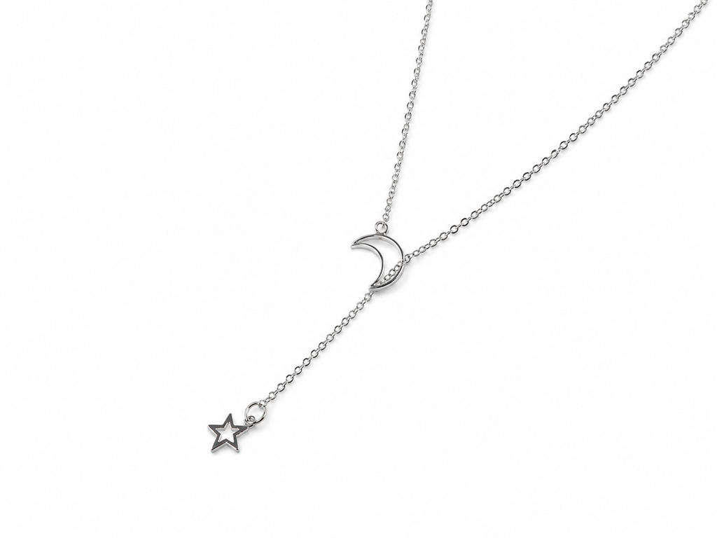 Faux Silver Moon and Star Dainty Necklace