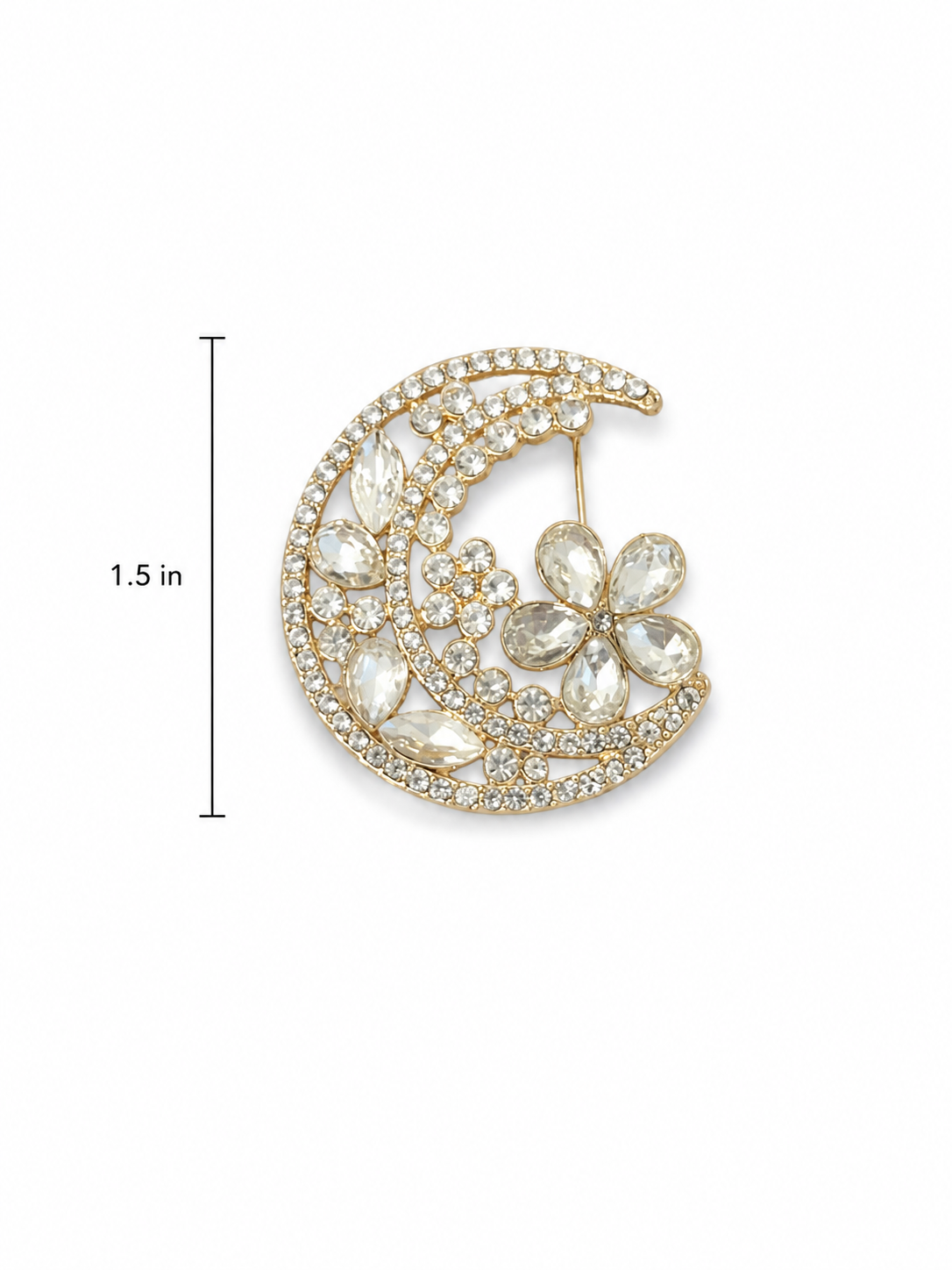 Gold hue crescent moon brooch with rhinestones and a flower design #goth #witch