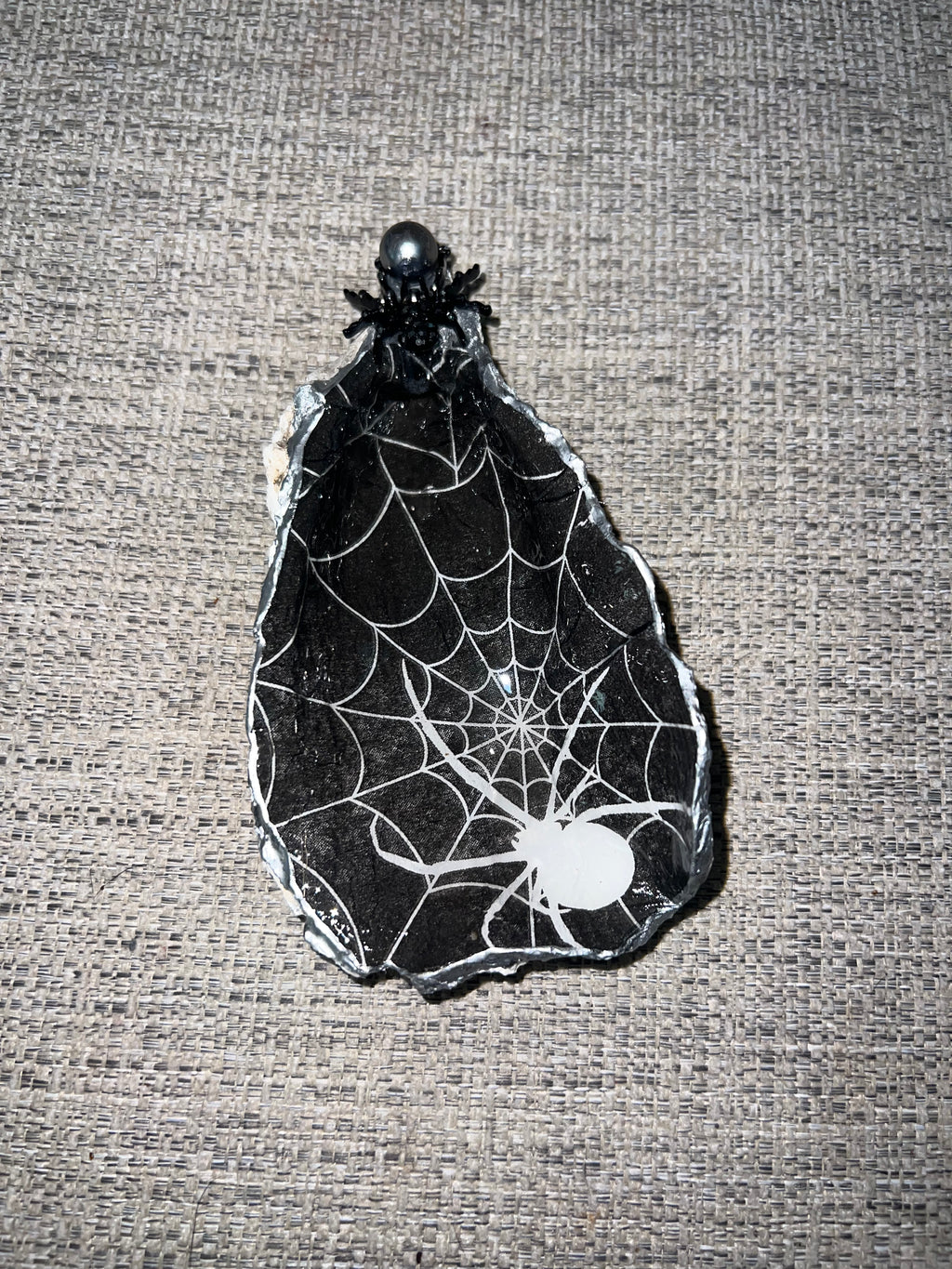 Handmade Crystal Oyster Trinket Dish with Spider Goth Decal