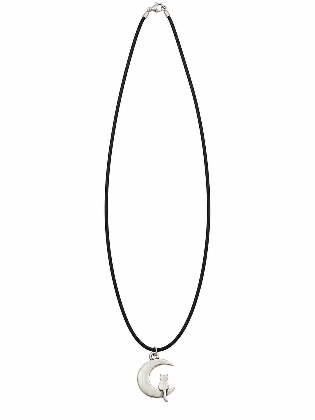 Handcrafted Crescent Moon and Cat Necklace on a Black Cord