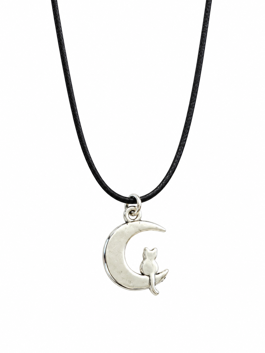 Handcrafted Crescent Moon and Cat Necklace on a Black Cord