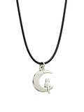 Handcrafted Crescent Moon and Cat Necklace on a Black Cord